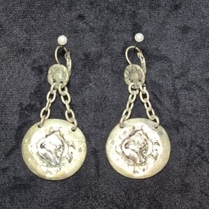 Vintage Style Earrings Artisan Brass Tone Dangle Textured Medallion 3" Drop